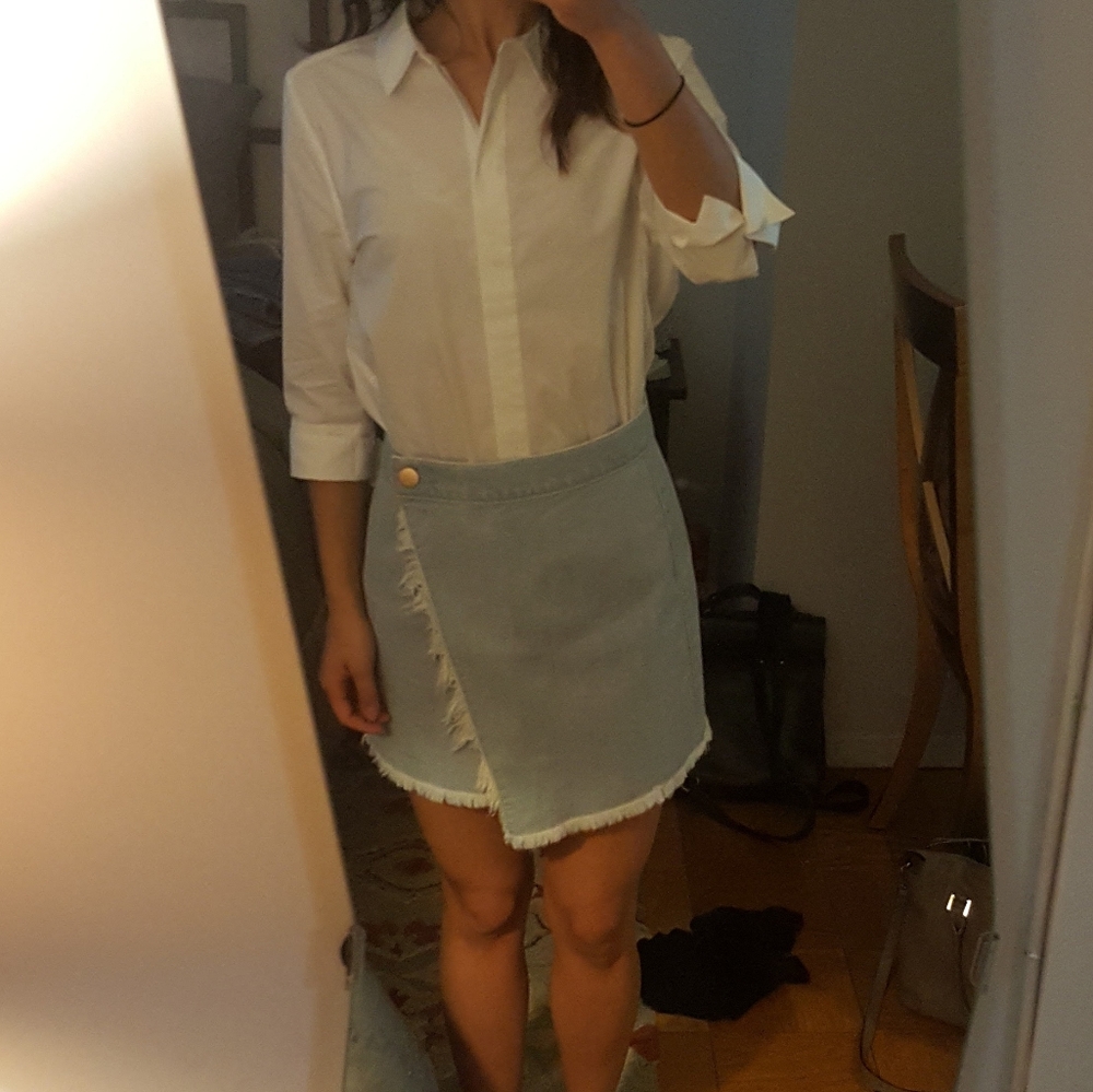 White Blouse and Light Blue Denim Skirt